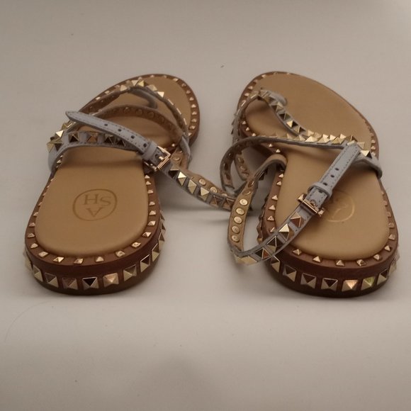 ASH "Peps" Icey-blue Gold Pyramid Studded Flat Sandals, size 37 - Picture 4 of 6
